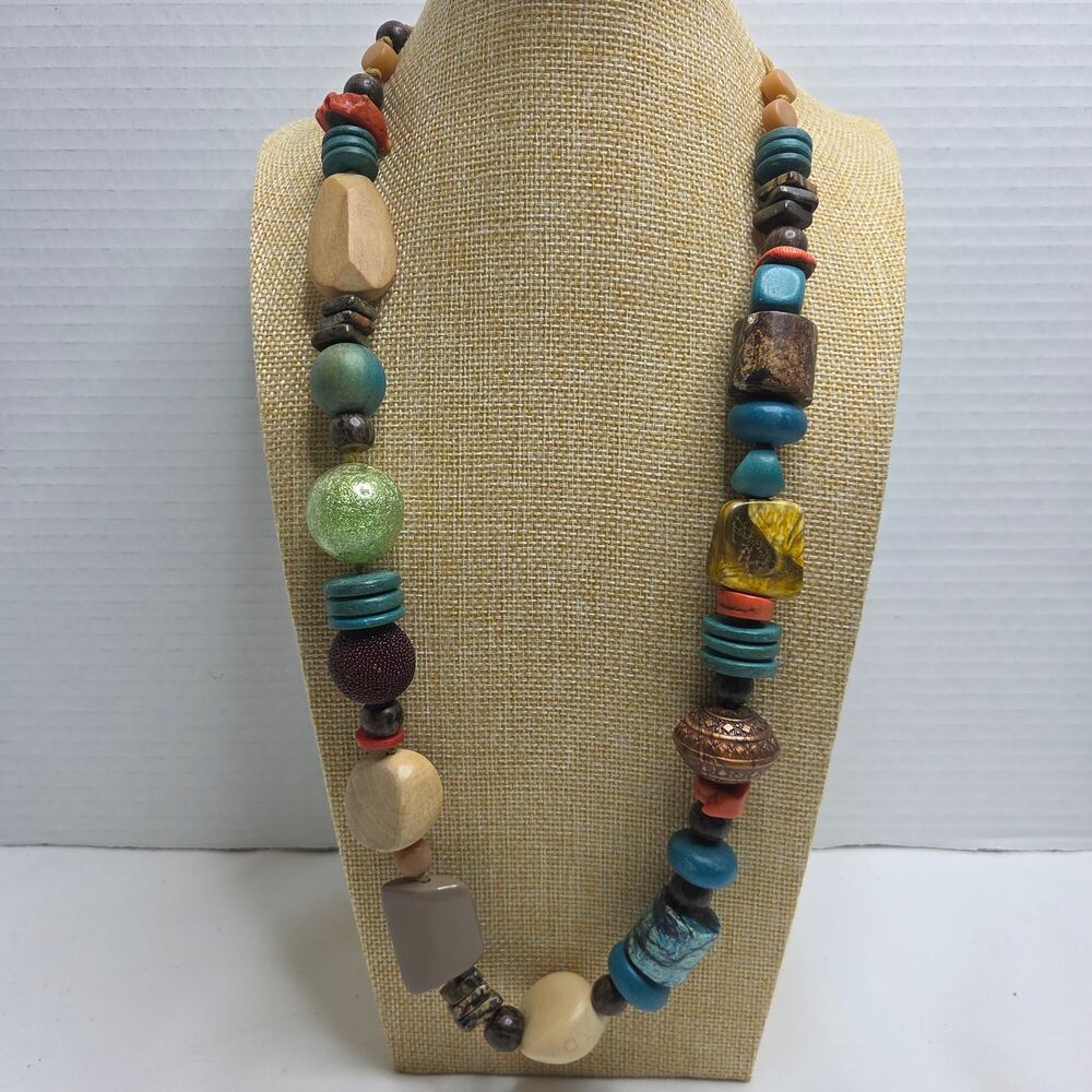 Chunky Boho Statement Necklace W/ Multi-Colored Wood & Resin Beads Jewelry